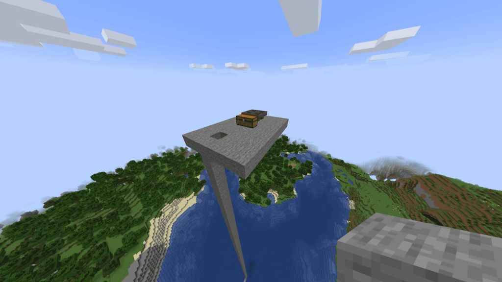 Pequena plataforma do céu do Minecraft com baú e quatro funis para o spawner de mobs