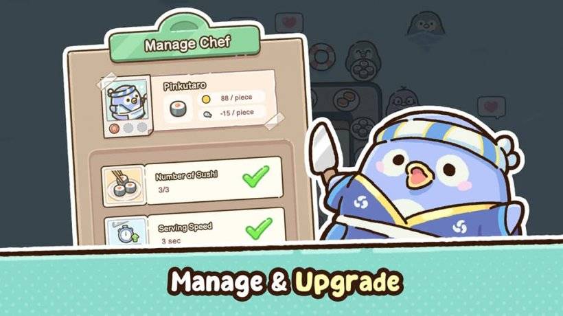 Imej penguin ceria memamerkan carta peningkatan untuk Penguin Sushi Bar