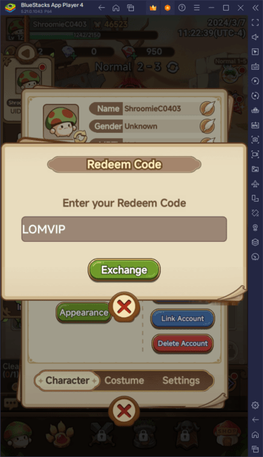 Legend of Mushroom – Redeem Code Interface