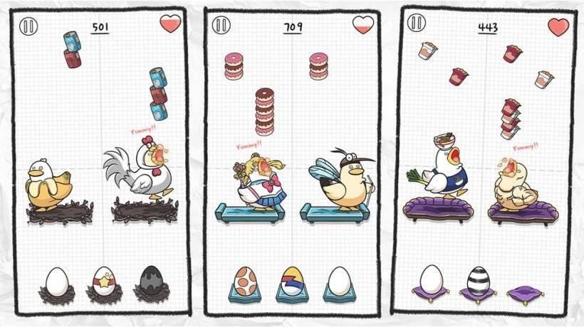 Изображение игрового процесса Duck Town, показывающая нисходящую еду, направляющуюся к различным уткам с различными огулаками, некоторые в косплею