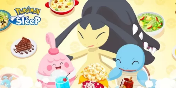 Three Pokémon surrounded by an assortment of dishes