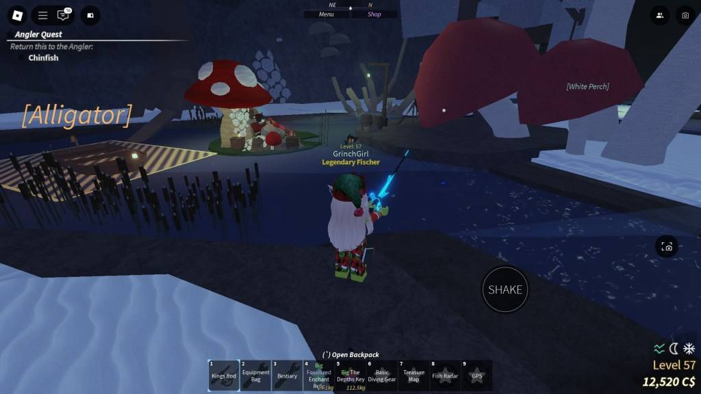 Een Fisch -speler vist in Mushroom Grove