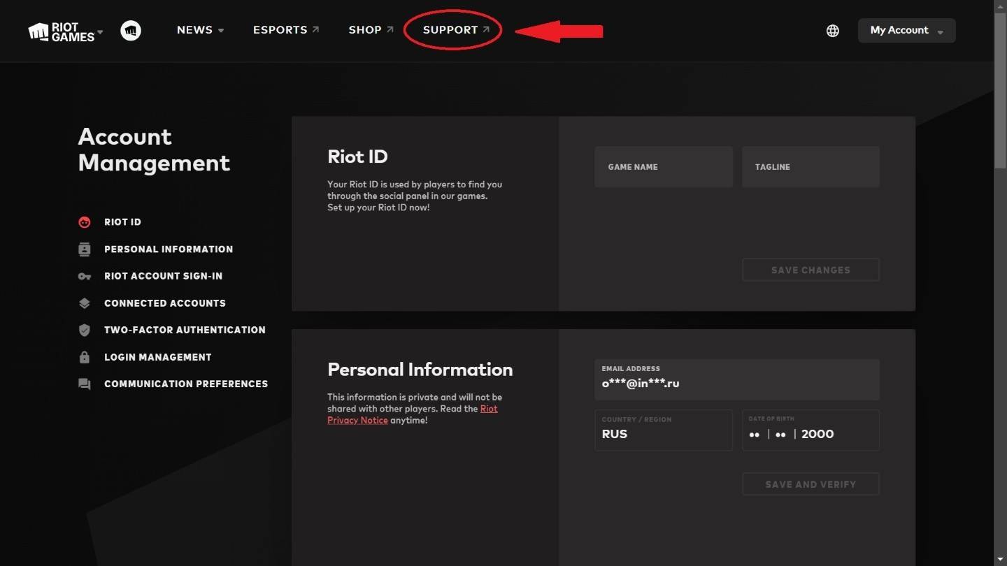 Riot Games support page navigation