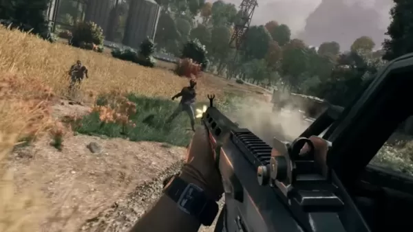 Screenshot von Kyle Crane in Dying Light schießt mit einer Waffe auf einen Infizierten, Feld tagsüber